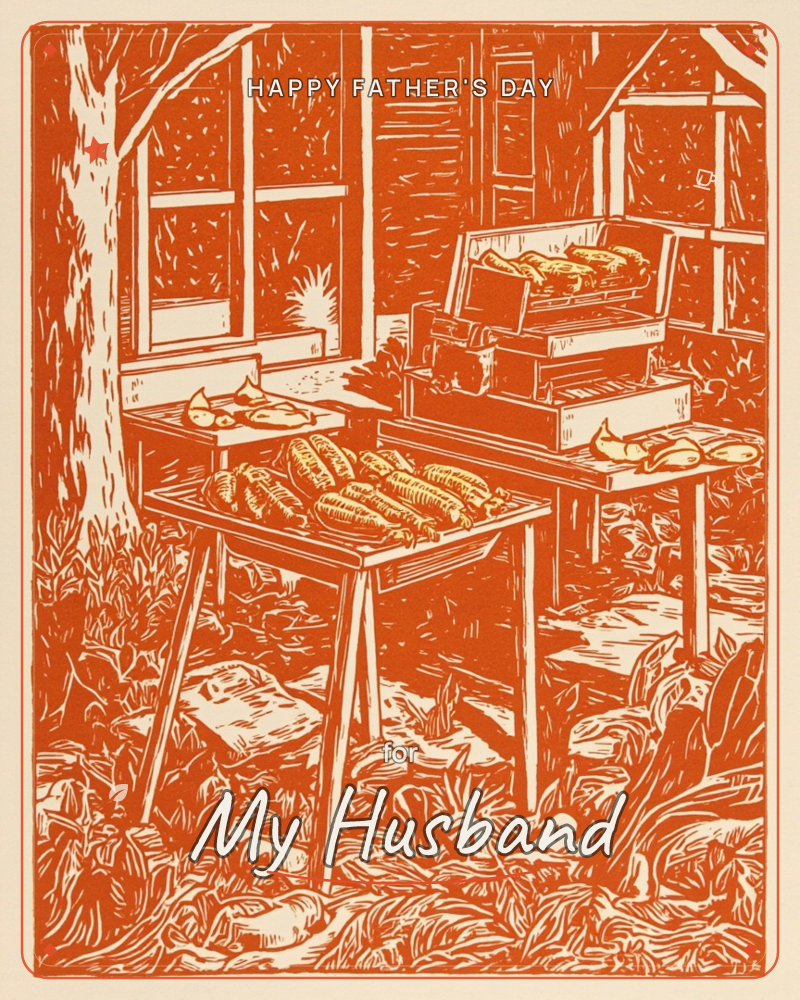 A linocut-style print in bold burnt orange shows a backyard cookout scene: a charcoal grill with hot dogs sizzling on top, flanked by two tables loaded…, a fathersday e-card design