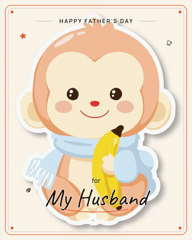 A cheerful cartoon monkey sits front and centre, wrapped in a pale blue knitted scarf and clutching a bright yellow banana against its chest, a fathersday e-card design