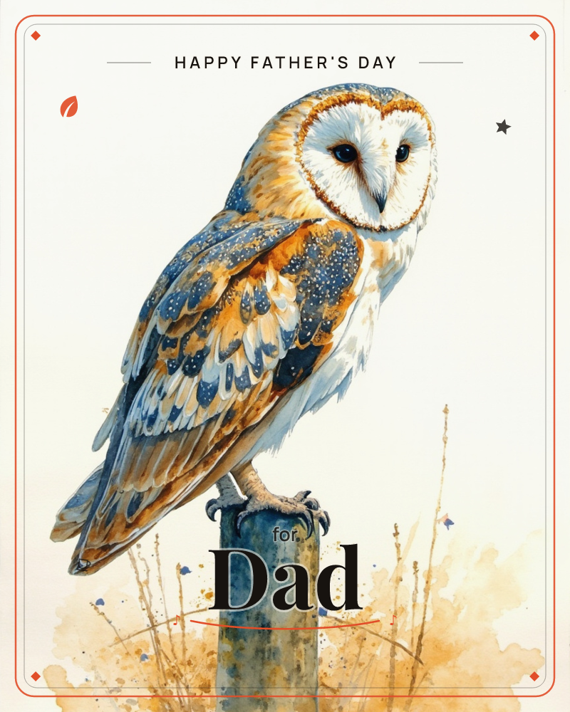 A barn owl perches on a weathered wooden post, its heart-shaped white face turned to look over its shoulder, a fathersday e-card design