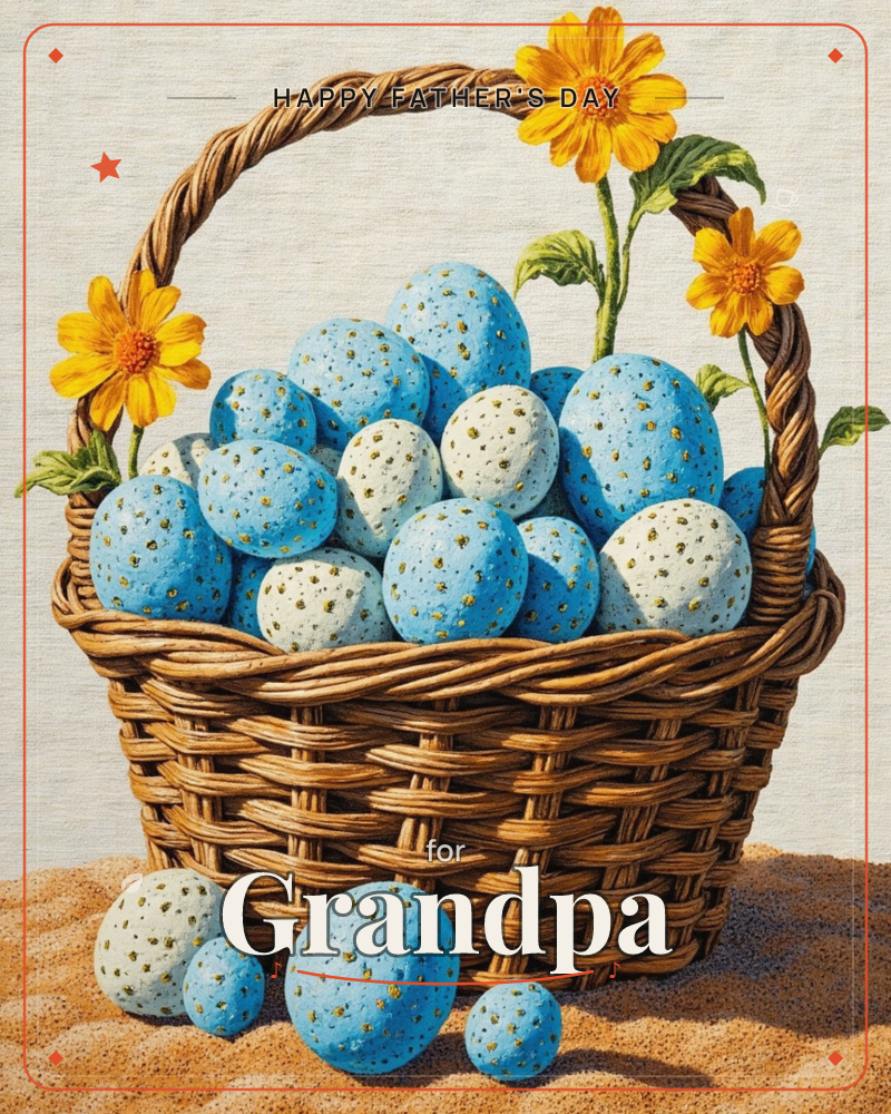A woven wicker basket overflows with speckled blue and cream eggs, their gold-flecked shells catching the light, while yellow daisies twine through the…, a fathersday e-card design