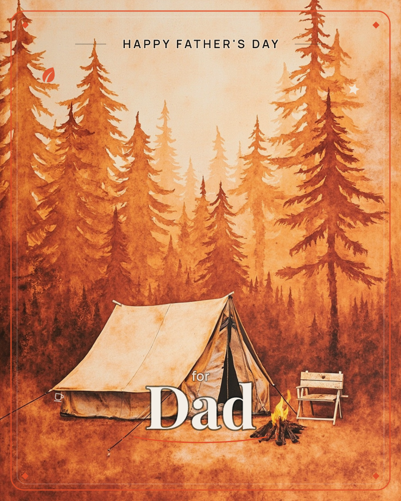 A canvas wall tent stands pitched at a forest campsite, its guy ropes staked into the ground beside a small crackling campfire and a folding wooden chair, a fathersday e-card design