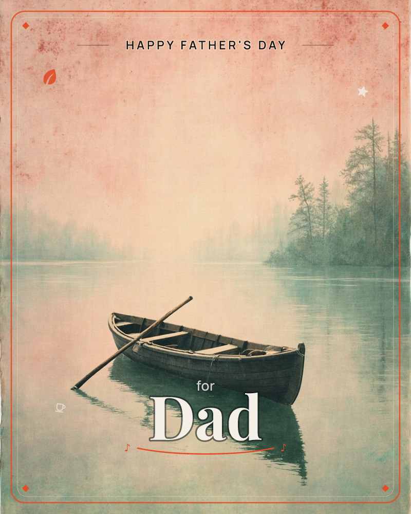 An empty wooden canoe drifts on a still lake, its single paddle laid across the seats, a fathersday e-card design