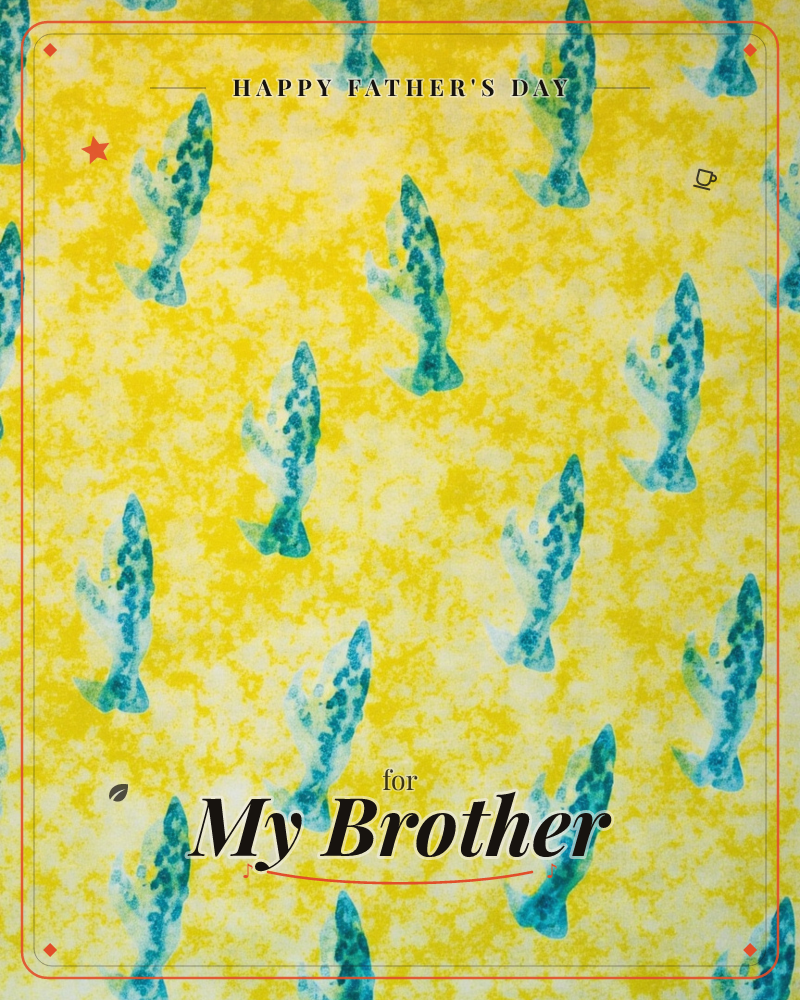 A repeating pattern of teal and turquoise speckled fish swims diagonally across a mottled sunny yellow background, a fathersday e-card design