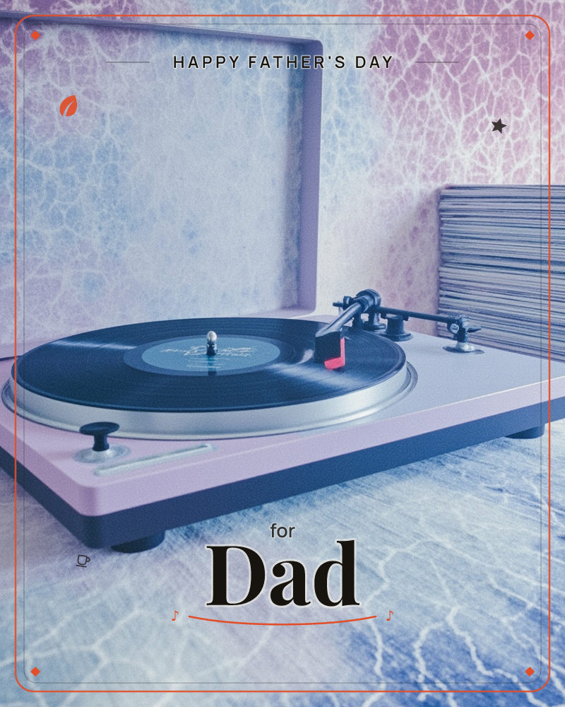 A pastel lilac turntable sits open with a black vinyl record spinning under its tonearm, a red-tipped stylus poised above the grooves, a fathersday e-card design