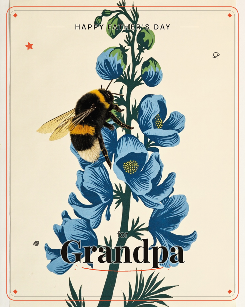 A large bumblebee, striped orange, black and white, clings to a tall stem of blue delphinium blossoms against a plain cream background, a fathersday e-card design