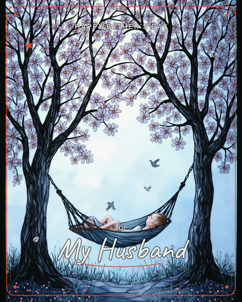 A young child sleeps peacefully in a hammock strung between two dark, twisting trees whose branches arch overhead in a canopy of pale blossoms, a fathersday e-card design