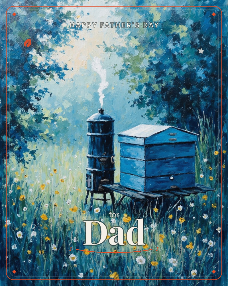A painted woodland clearing holds a blue-painted beehive box beside a smoker gently trailing white smoke, both set on a low wooden stand, a fathersday e-card design