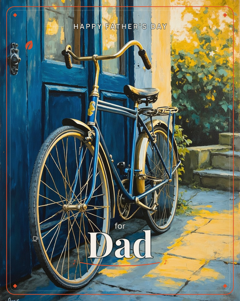 An old blue bicycle with brass fittings leans against a weathered blue door, its wheels resting on worn stone paving, a fathersday e-card design