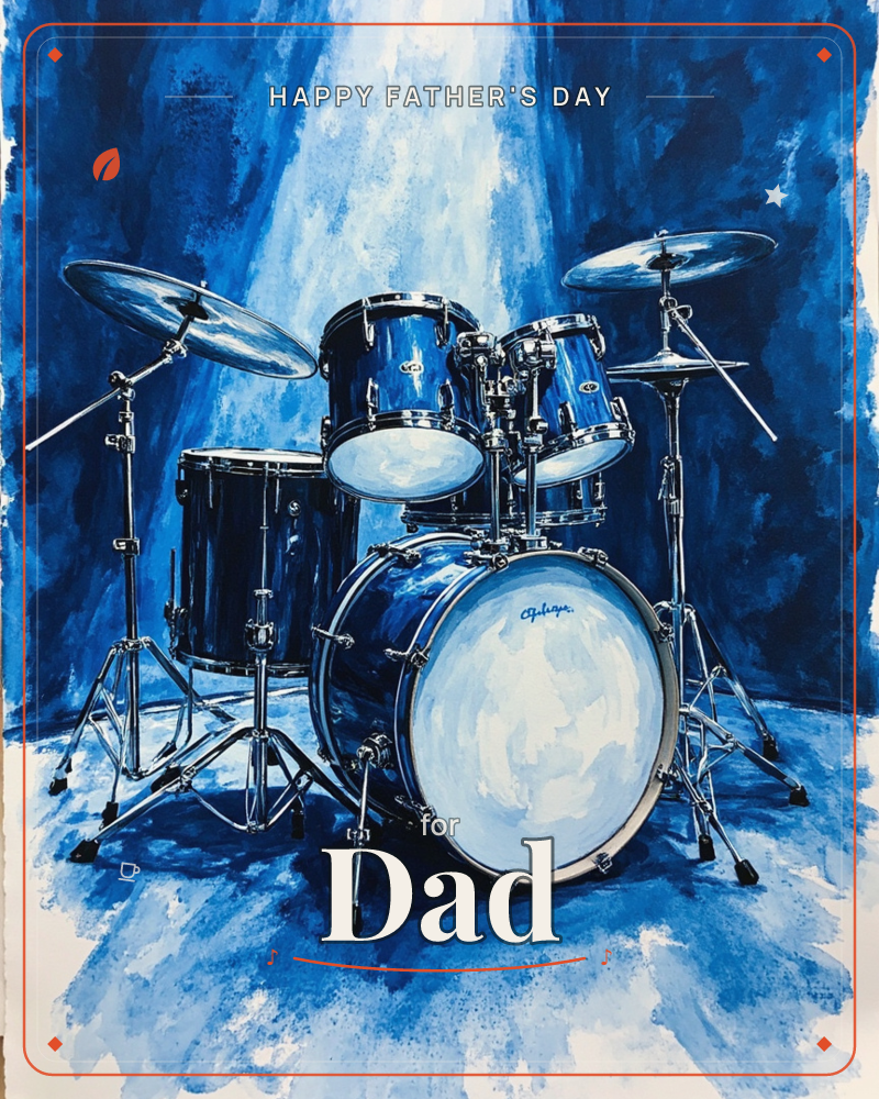 A full drum kit painted in glossy monochrome blue, its chrome hardware and cymbals catching cool white highlights against a swirling indigo backdrop, a fathersday e-card design
