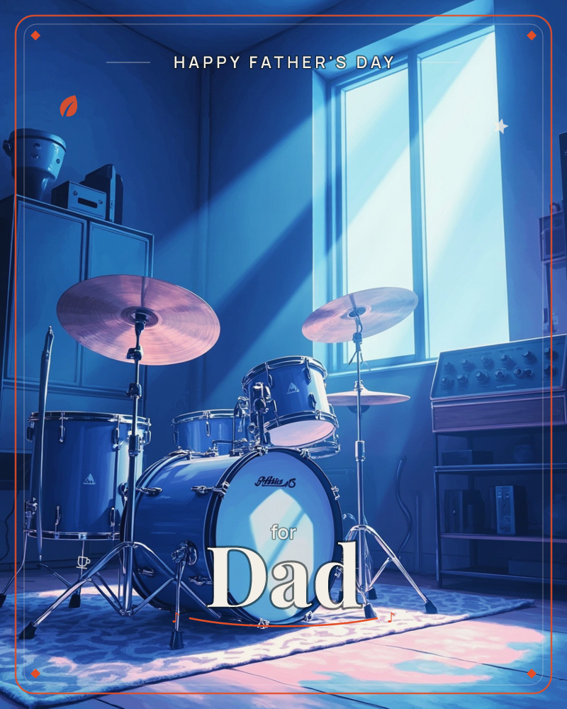 A drum kit sits alone in a quiet room, bathed in cool blue light from a tall window, a fathersday e-card design