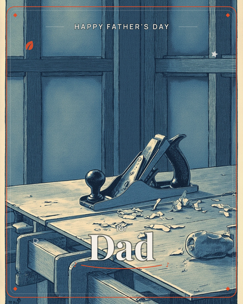 A wooden hand plane rests on a workbench scattered with curled shavings, set against a paneled wall rendered in cool, moody blue tones, a fathersday e-card design