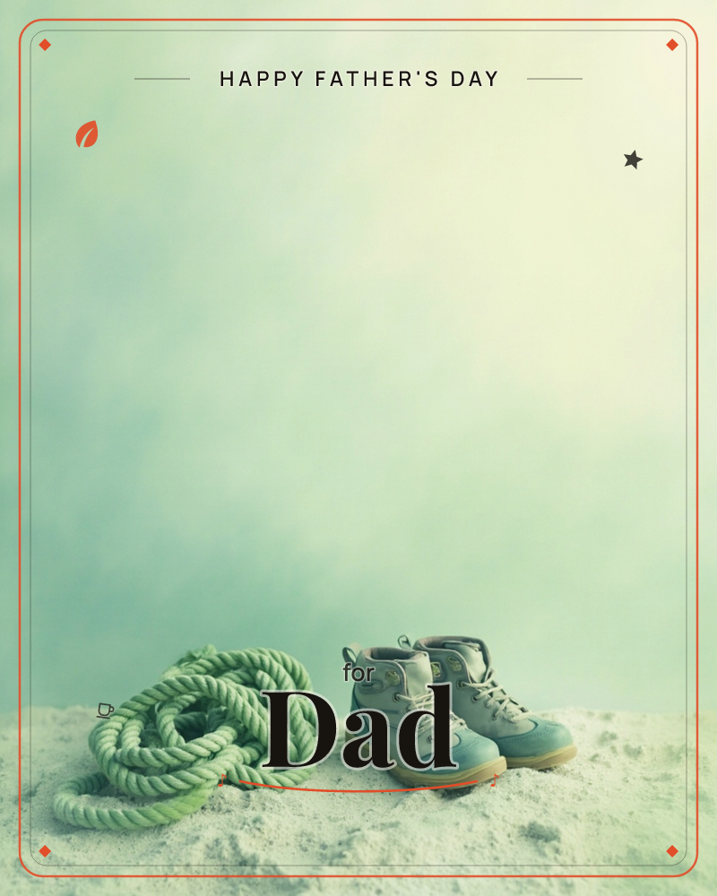A pair of worn hiking boots stands beside a coiled length of rope on a sandy surface, set against a hazy, glowing backdrop that fades from pale mint to…, a fathersday e-card design