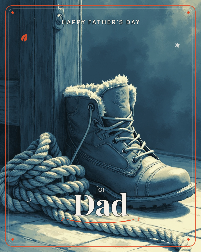 A fur-lined work boot rests against a weathered wooden door beside a coiled length of rope, all rendered in cool monochrome blue, a fathersday e-card design