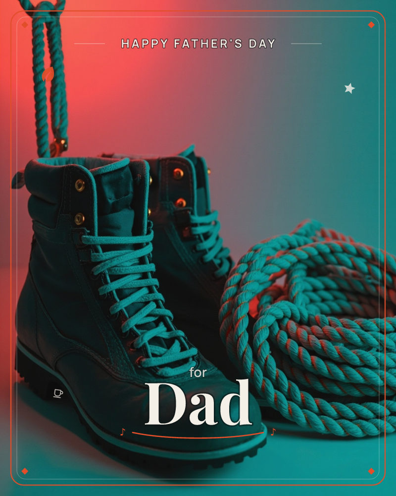 A pair of sturdy lace-up boots stands beside a neatly coiled length of thick rope, both lit dramatically with red on one side and teal on the other, a fathersday e-card design