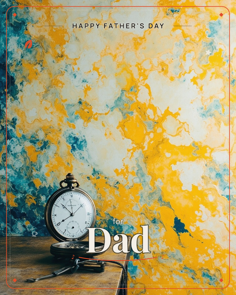 An antique brass pocket watch with a white Roman-numeral face sits open on a worn wooden table, its chain coiled beside it, a fathersday e-card design