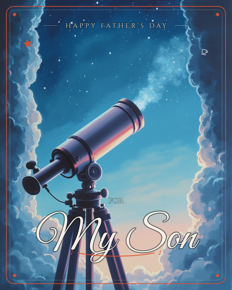 A brass telescope on a tripod points up into a clearing of night sky, framed on either side by glowing, cloud-like drifts lit from within, a fathersday e-card design