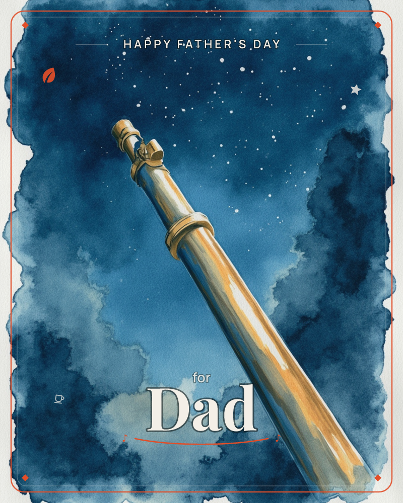 A brass telescope angles upward into a deep indigo night sky scattered with pinprick stars, its polished barrel catching a warm golden light against…, a fathersday e-card design
