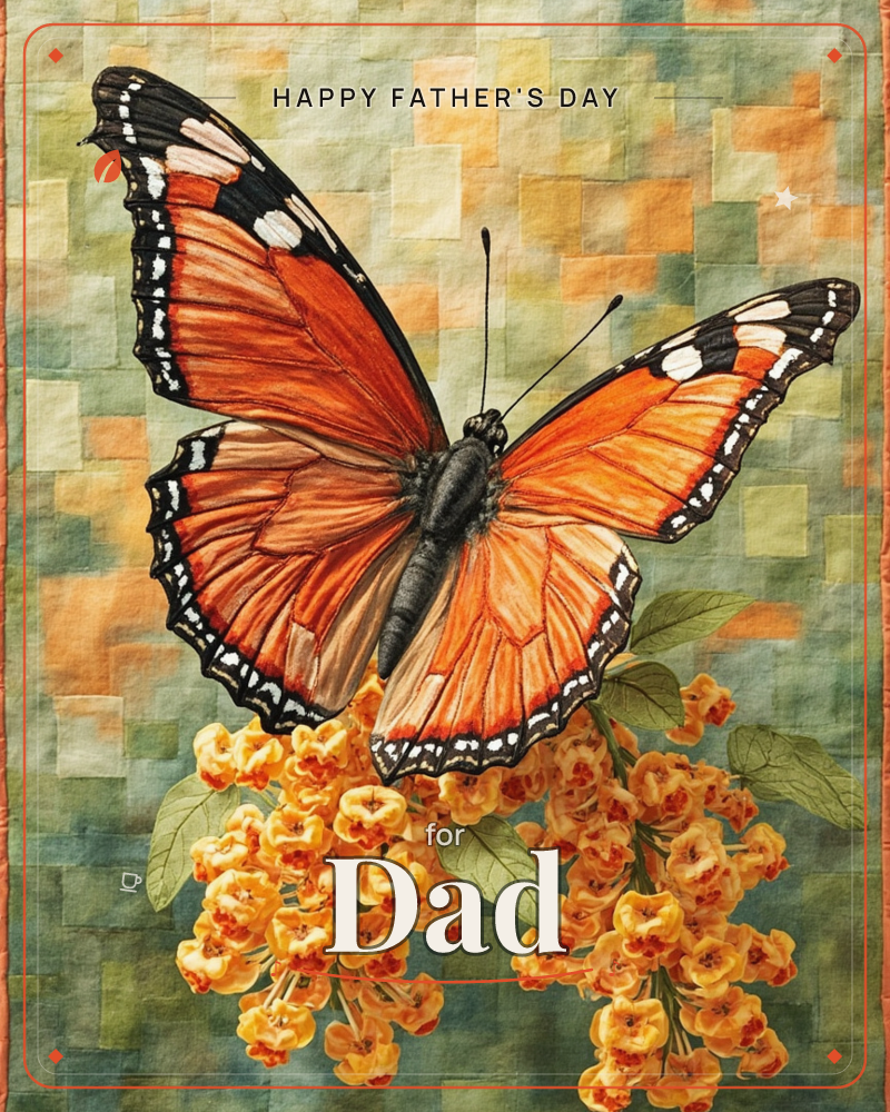 A large orange and black butterfly rests wings-spread atop a cluster of golden-yellow blossoms, set against a patchwork background of muted green and…, a fathersday e-card design
