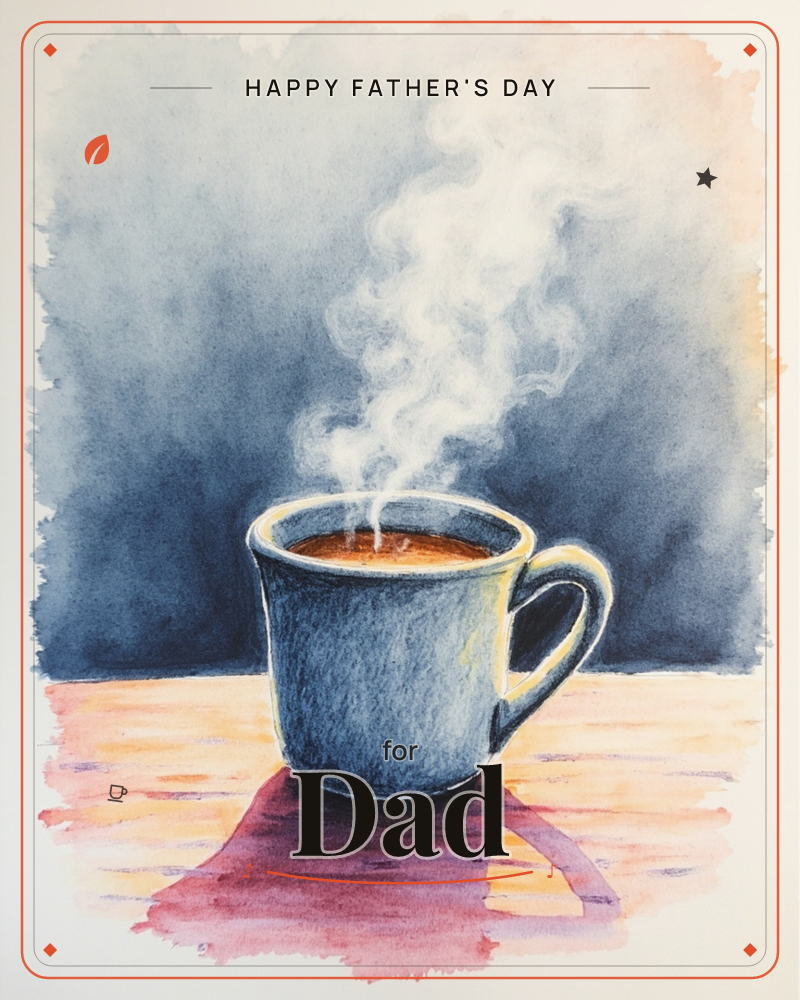 A single mug of dark coffee sits on a warm wooden surface against a deep charcoal-blue backdrop, steam curling upward in soft grey ribbons, a fathersday e-card design