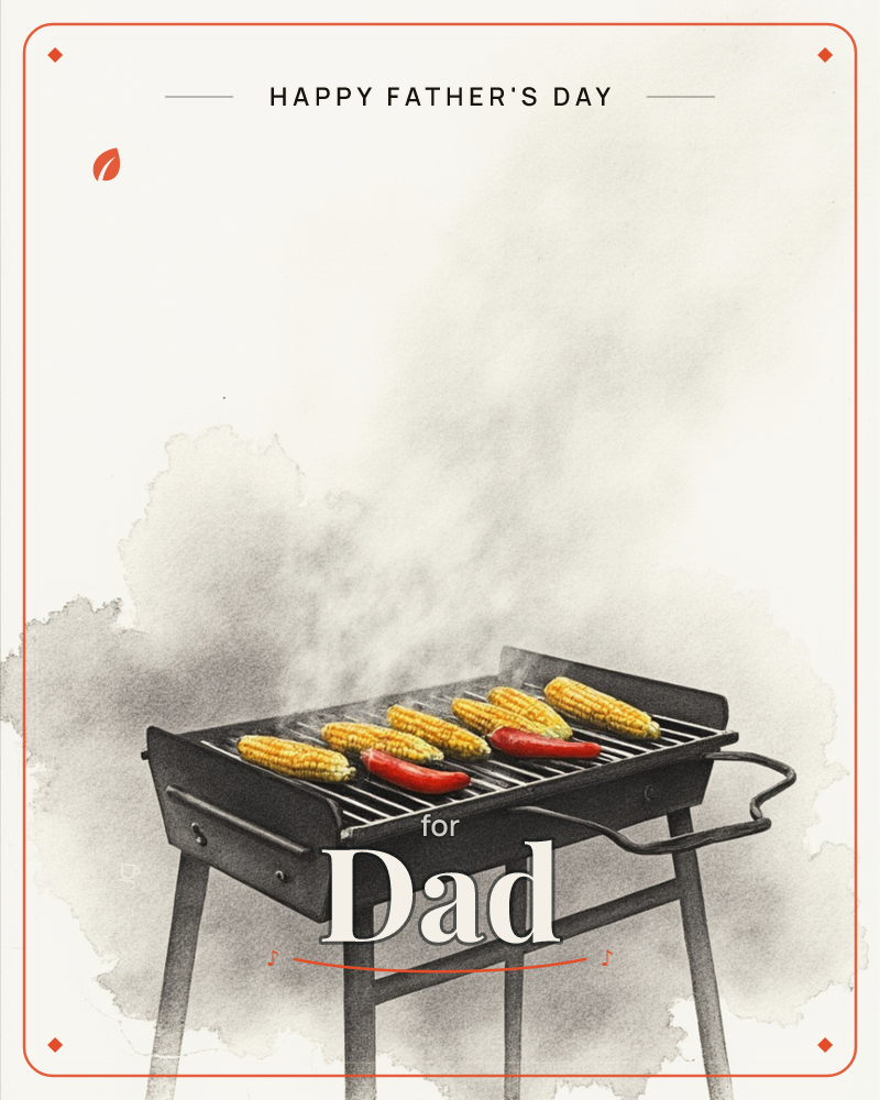 A small charcoal barbecue stands alone on a plain backdrop, its grill loaded with golden corn cobs and glossy red peppers, a fathersday e-card design