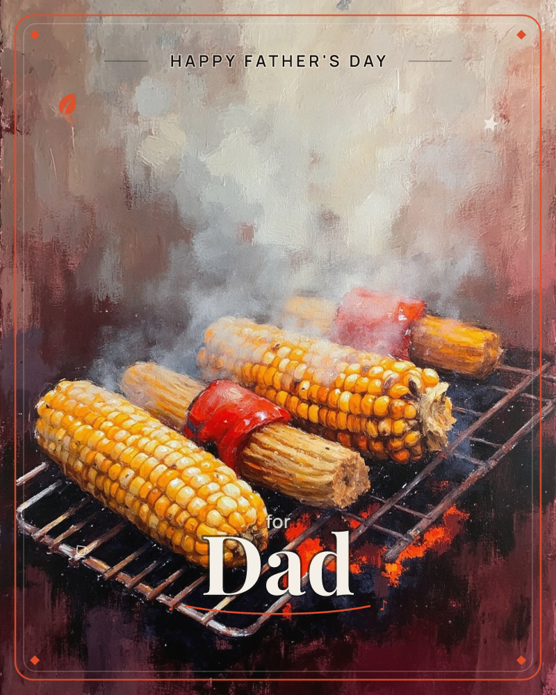 Three ears of corn char and steam on a black metal grill grate, their kernels charred gold and black with a red pepper tucked between them, a fathersday e-card design