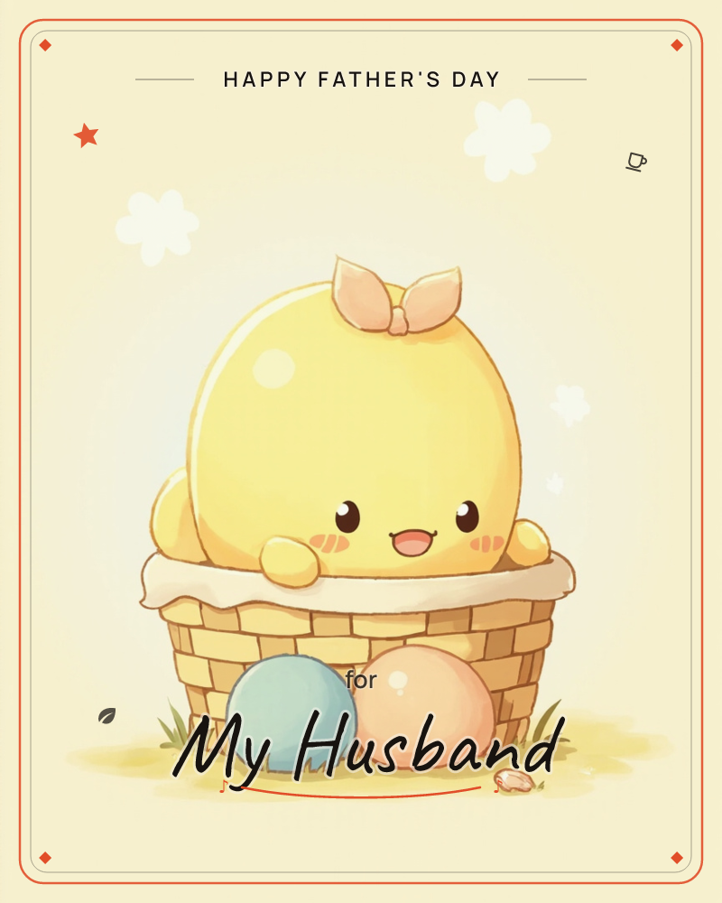 A round, blushing yellow egg-creature with a little bow on top sits nestled in a woven basket lined with soft fluff, flanked by a blue egg and a peach…, a fathersday e-card design