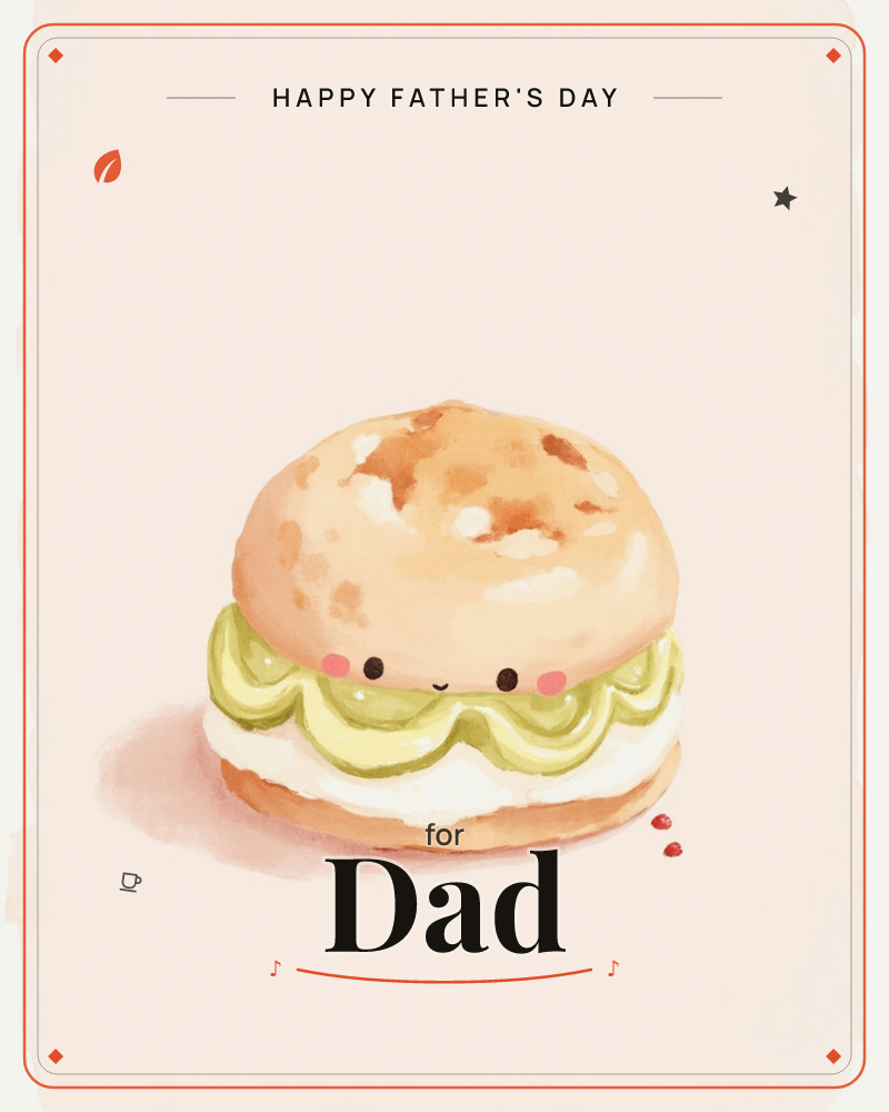 A single cream puff sits centred on a soft blush background, its golden-brown crust painted with a small smiling face and rosy cheeks, layered with a…, a fathersday e-card design