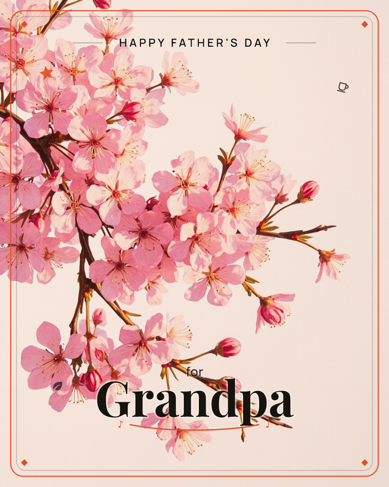A branch of cherry blossom stretches across the upper left corner, its clustered pink petals and unopened buds set against a soft blush-toned background, a fathersday e-card design