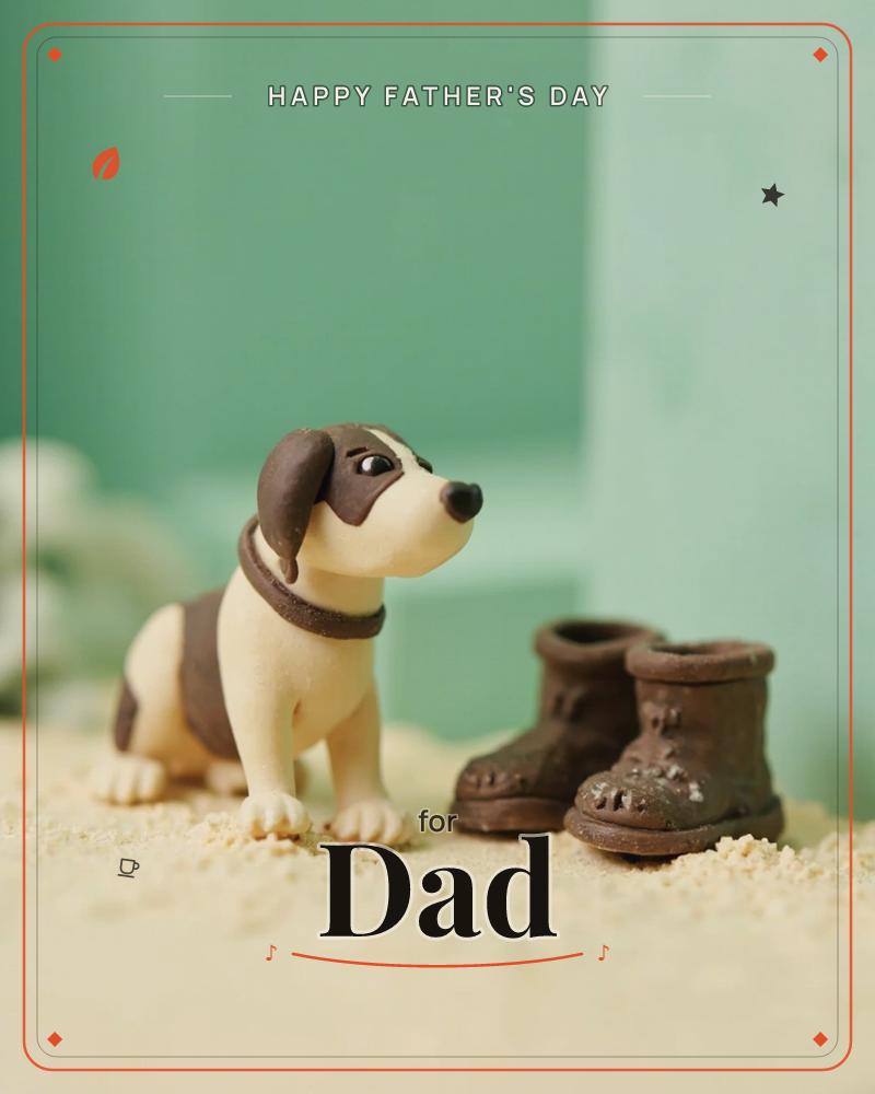 A claymation-style puppy with floppy brown ears and a matching collar sits beside a pair of small worn boots on a sandy surface, a fathersday e-card design
