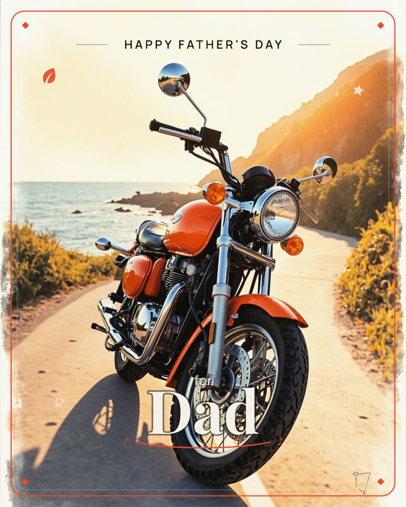 An orange classic motorcycle stands parked on a coastal road at golden hour, its chrome mirrors and headlamp catching the low sun, a fathersday e-card design