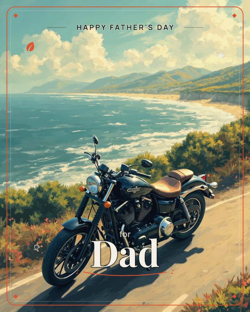 A classic black motorcycle with a tan leather seat is parked on a coastal road overlooking a sweeping bay, with green hillsides curving along the…, a fathersday e-card design