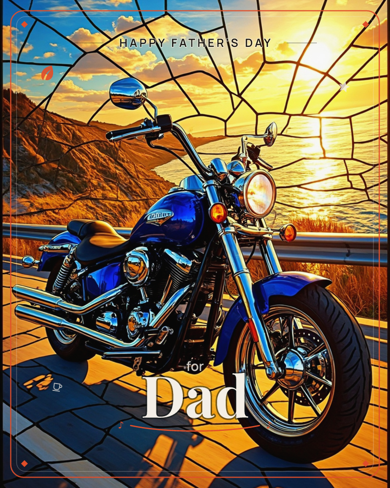 A gleaming blue and chrome cruiser motorcycle sits parked on a coastal road as the sun blazes low over the ocean, cliffs rolling away in the distance, a fathersday e-card design