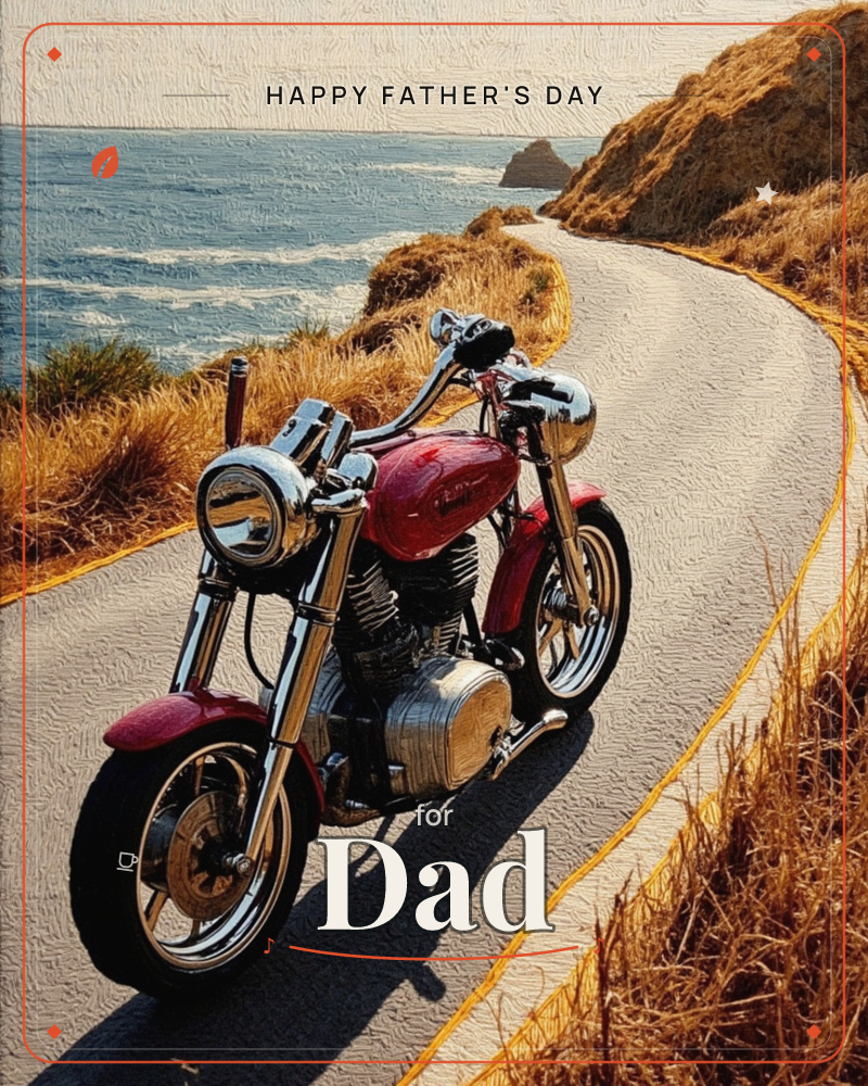A red vintage motorcycle with gleaming chrome sits parked on a winding coastal road, golden dry grass lining the curve as it hugs a cliff above the sea, a fathersday e-card design