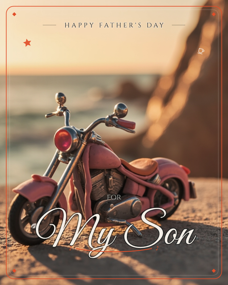 A pink toy motorcycle sits on a sandy rock ledge overlooking the ocean at sunset, its chrome handlebars and headlight catching the golden light, a fathersday e-card design