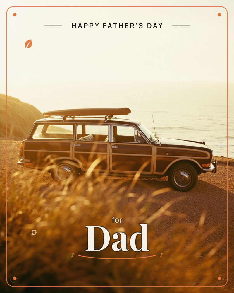 A vintage station wagon with wood-paneled side doors sits parked on a gravel overlook above the ocean, a single long surfboard strapped to its roof rack, a fathersday e-card design