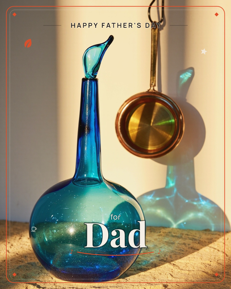 A blue-green glass decanter with a long slender neck and curved lip sits on a stone ledge, catching warm sunlight that throws a rippling shadow onto…, a fathersday e-card design