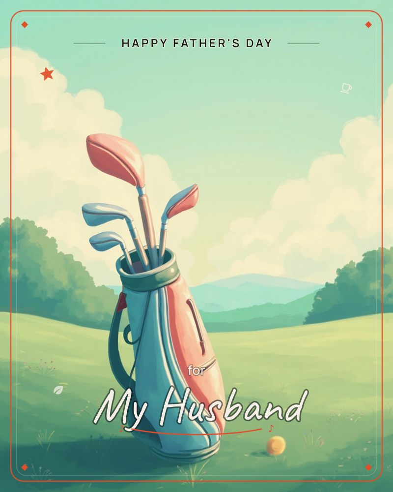 A coral-and-white golf bag stands alone on a wide green fairway, its clubs tilted together against a hazy sky full of soft clouds, a fathersday e-card design
