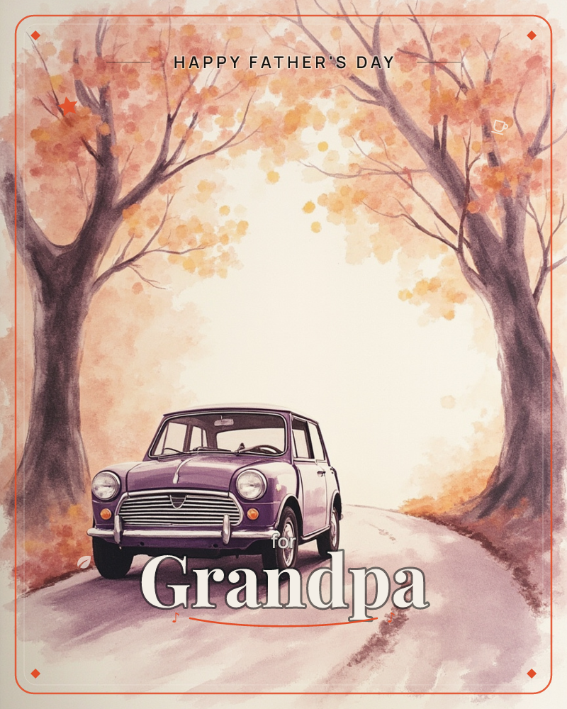 A classic little car sits parked on a curving country lane, framed by two grand trees whose autumn leaves glow amber and gold overhead, a fathersday e-card design