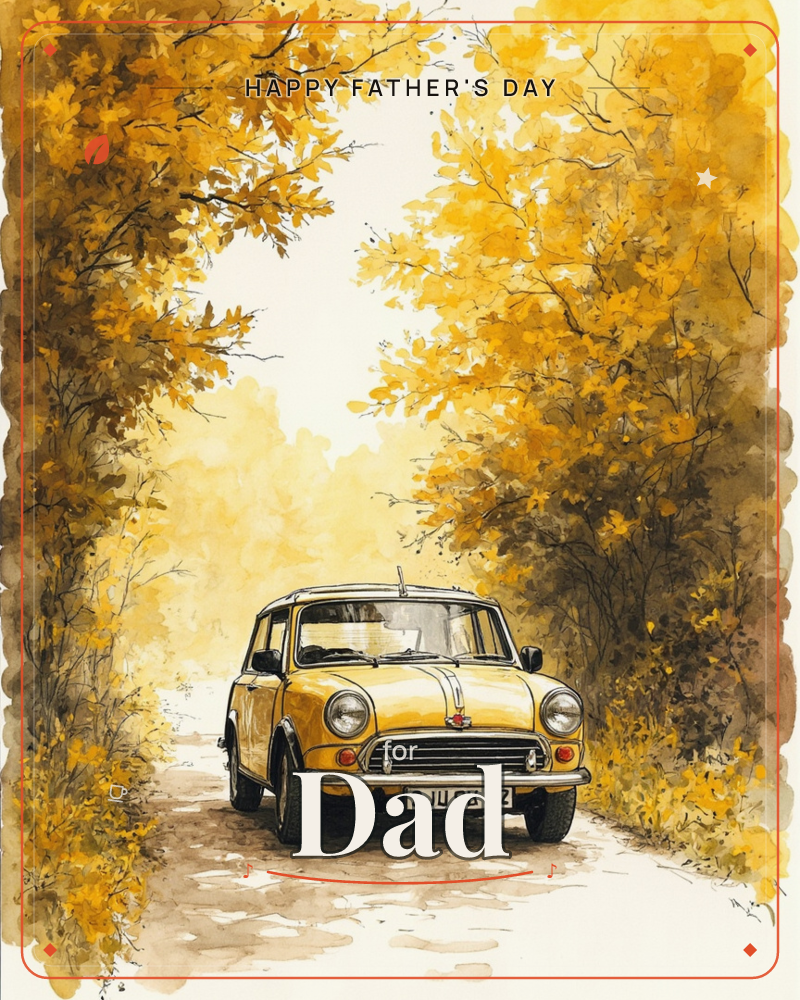 A classic yellow Mini sits parked on a country lane beneath an arching canopy of golden autumn trees, a fathersday e-card design