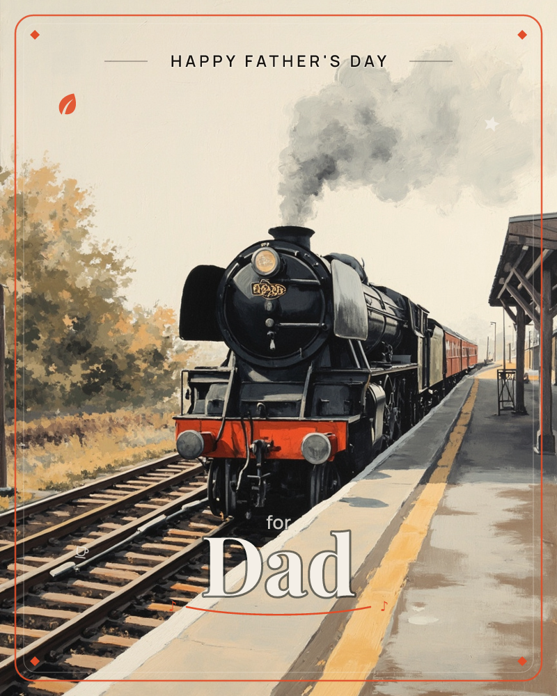 A vintage black steam locomotive with a red buffer beam pulls into a quiet countryside platform, thick grey smoke billowing from its funnel, a fathersday e-card design