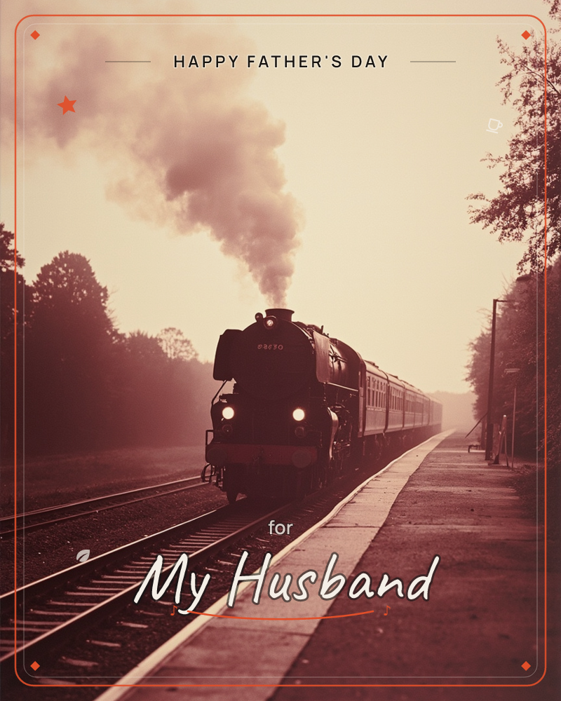 A vintage steam locomotive rolls toward the camera along a misty platform, its twin headlamps glowing and a thick plume of smoke rising into a hazy sky, a fathersday e-card design