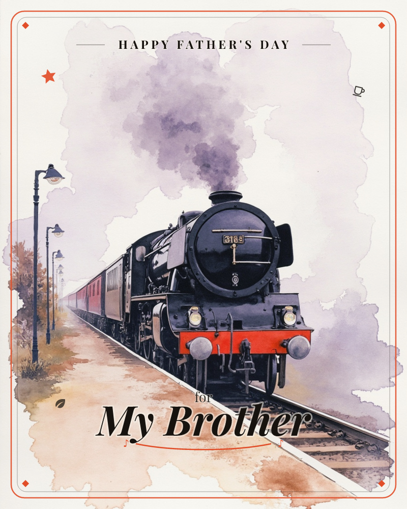 A black steam locomotive with a red buffer beam rolls straight toward the viewer along a station platform, its carriages trailing off into a soft haze…, a fathersday e-card design
