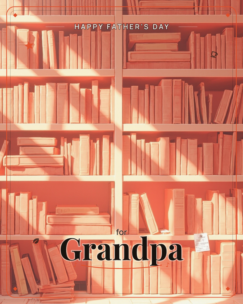A monochrome peach-toned bookshelf fills the whole card, rows of books standing and stacked in uneven heights, all rendered in the same warm coral hue, a fathersday e-card design