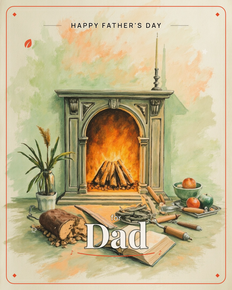 A carved stone mantelpiece glows with a crackling fire, its arch framed by soft green walls washed with warm peach light, a fathersday e-card design