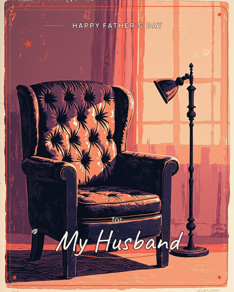A tufted wingback armchair sits empty beside a tall standing lamp, silhouetted against a sunlit window with bold linocut-style stripes, a fathersday e-card design
