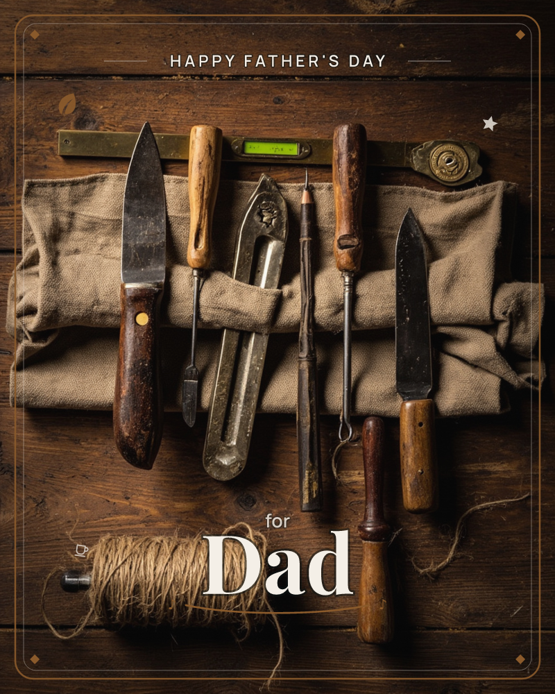A worn canvas roll holds an array of well-used hand tools, knives, a small level, a folding ruler, an awl and a chisel, all resting against dark…, a fathersday e-card design