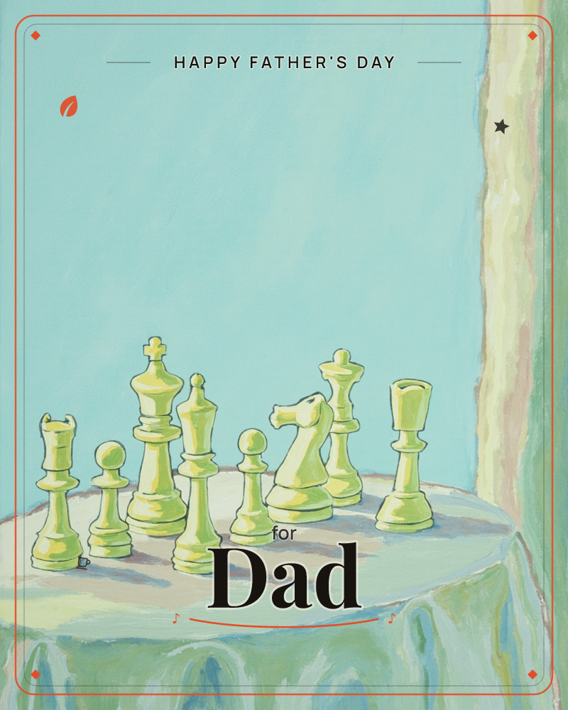 A cluster of pale, cream-yellow chess pieces stands grouped on a round, cloth-covered table, painted in loose, soft brushstrokes against a flat…, a fathersday e-card design