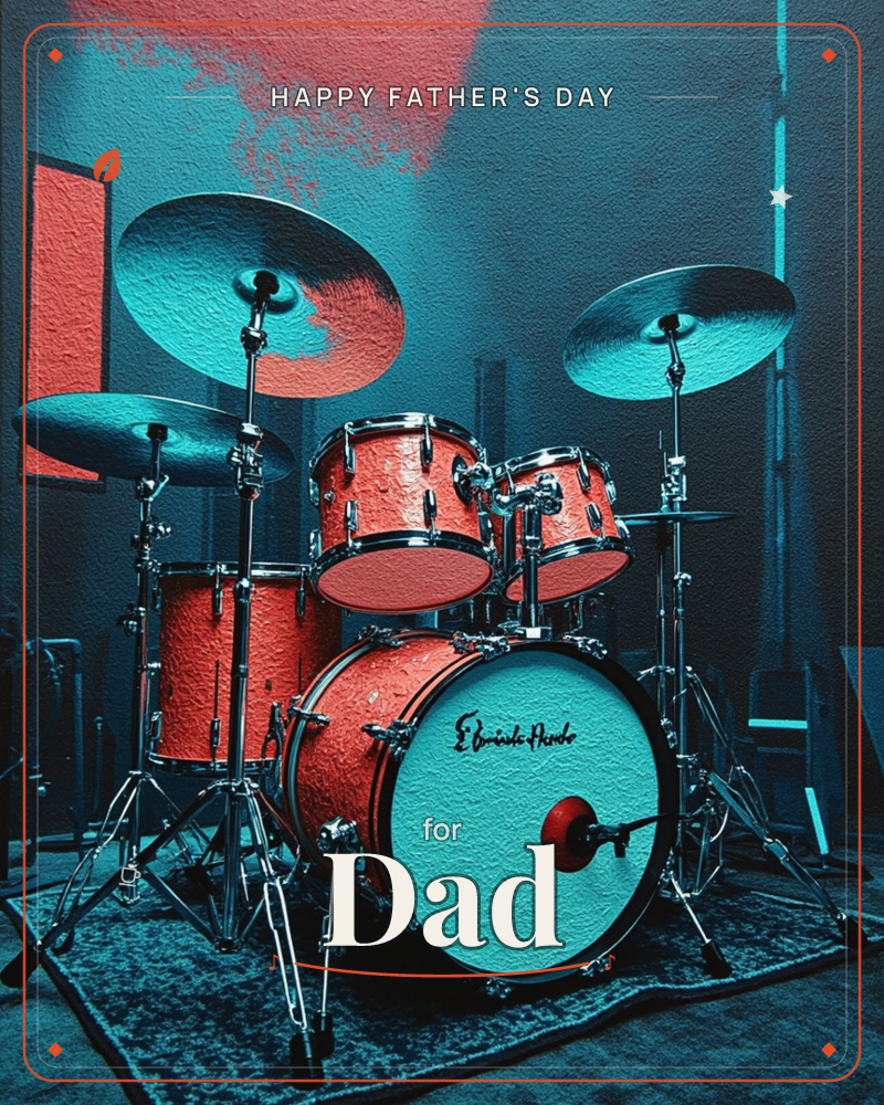 A drum kit with red sparkle shells and gleaming cymbals stands alone in a moody, spotlit studio, bathed in dramatic cyan and red light, a fathersday e-card design