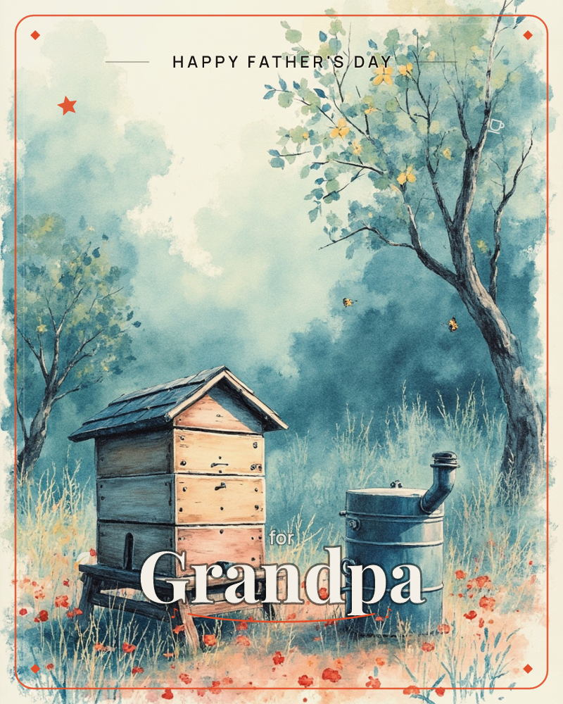 A wooden beehive with a peaked roof stands beside a metal beekeeper's smoker in a wild, overgrown meadow, with bees drifting near the trees above, a fathersday e-card design