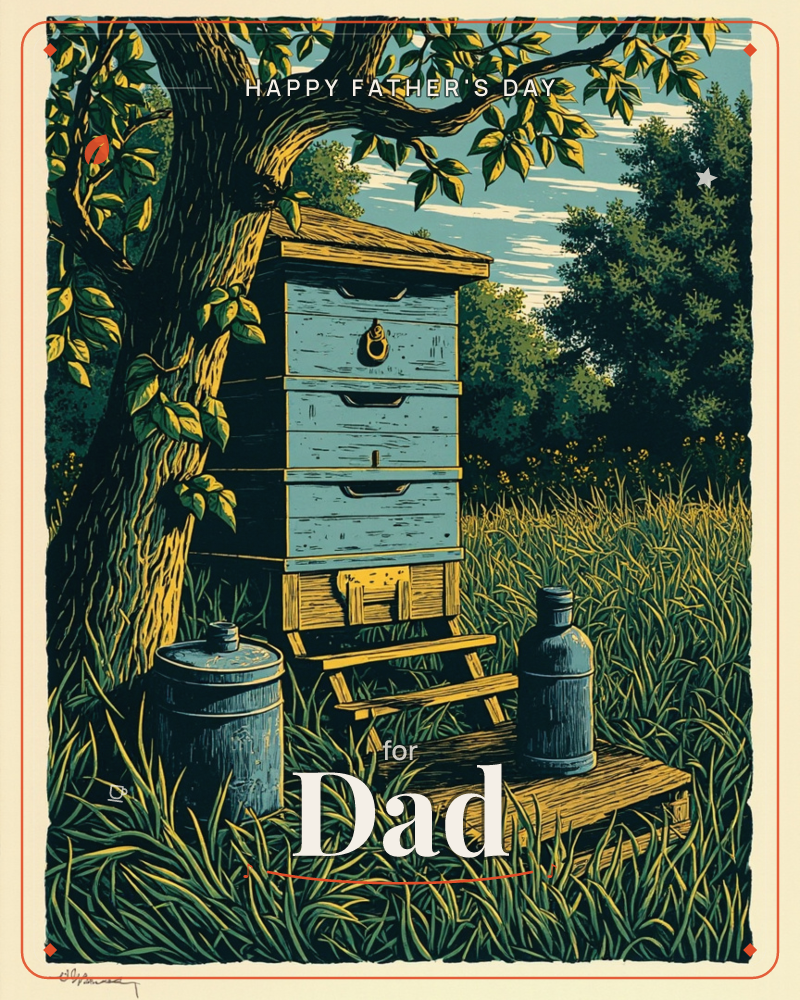 A wooden beehive with stacked blue-grey boxes stands beneath a sprawling tree, tucked into tall grass at the edge of a meadow, a fathersday e-card design